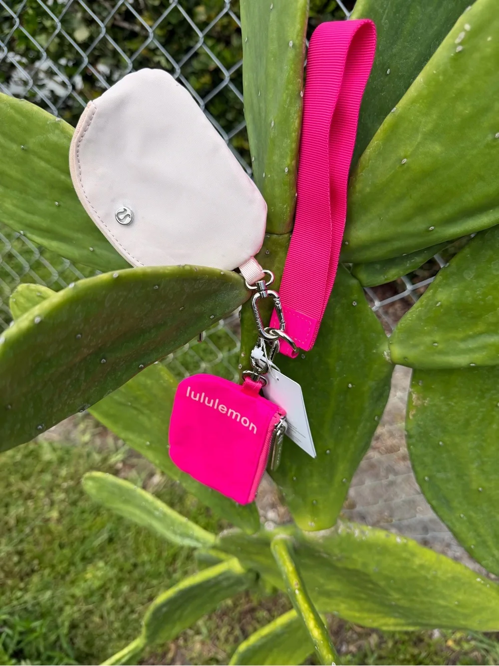 LULULEMON hot pink and cream dual pouch wristlet Keychain